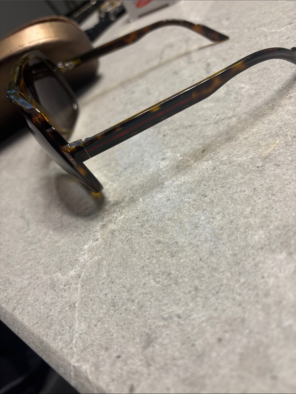 Gucci Tortoiseshell Sunglasses with Brown Lenses and Green-Red Temple Stripe - Picture 4 of 10